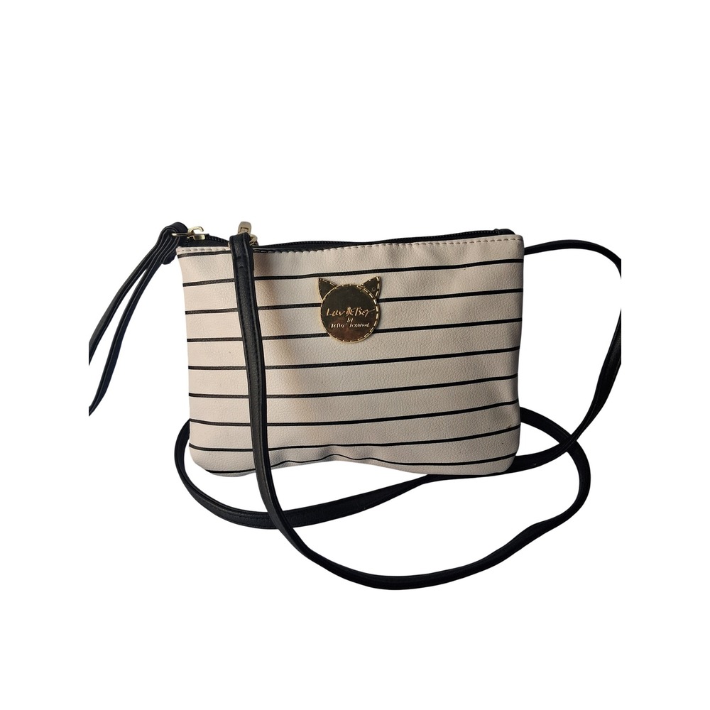 Luv Betsey by Betsey Johnson Striped‎ Cat Logo Crossbody Bag Cream Black